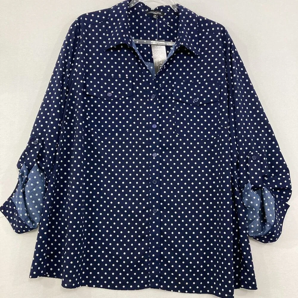 Notations Navy Blue Polka Dot, Lightweight, poly SOFT drape Shirt. Like NEW! - Picture 1 of 11